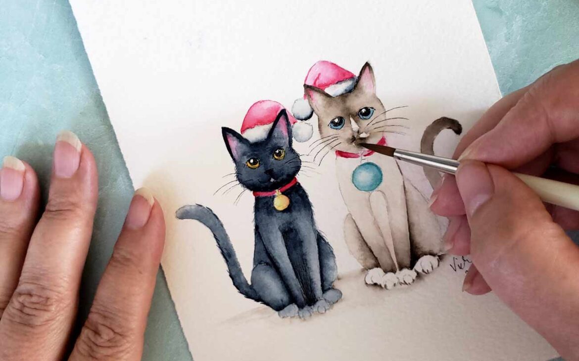 Watercolor Christmas cats feature Samantha and Maxwell by Victoria Grigaliunas