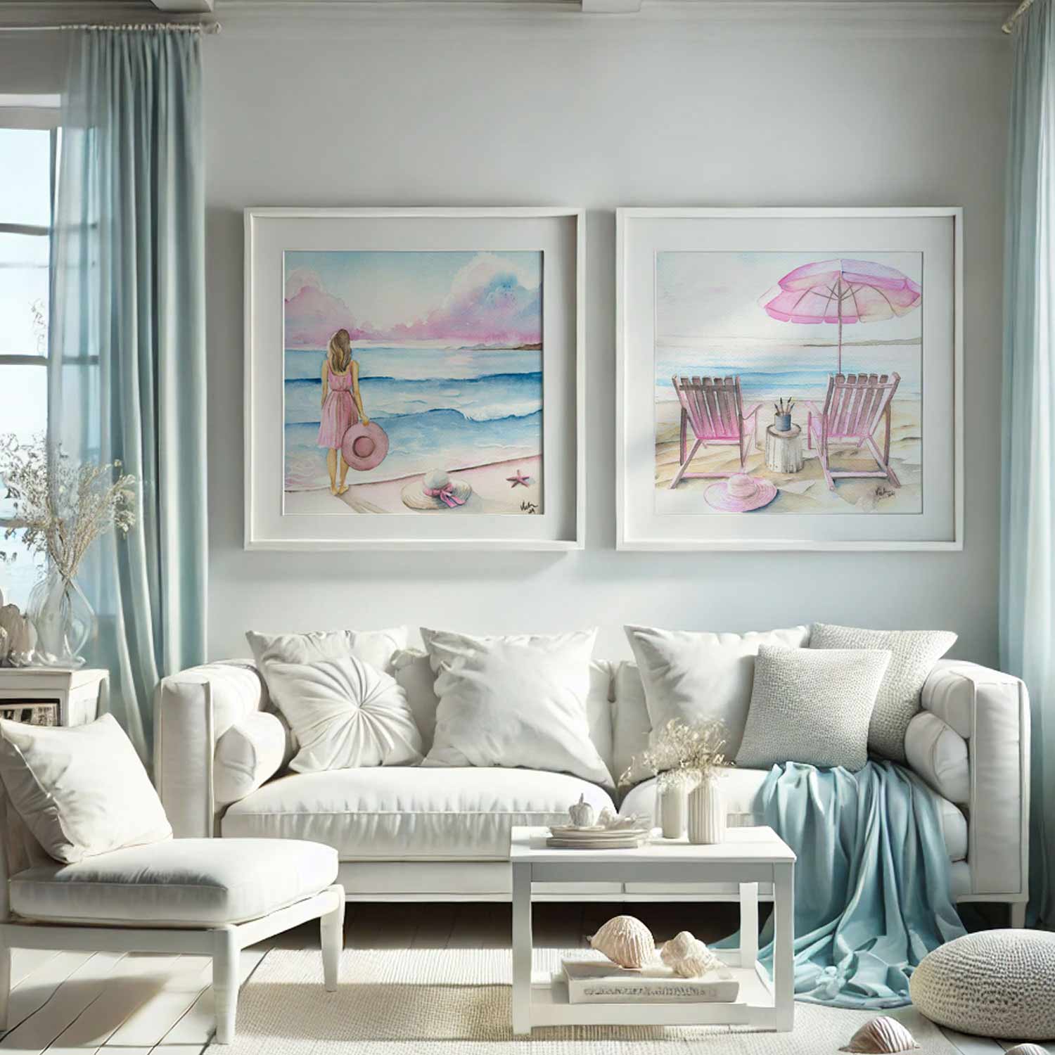 Watercolor prints beach art by Victoria Grigaliunas featuring a beach scene in shades of pink and blue.