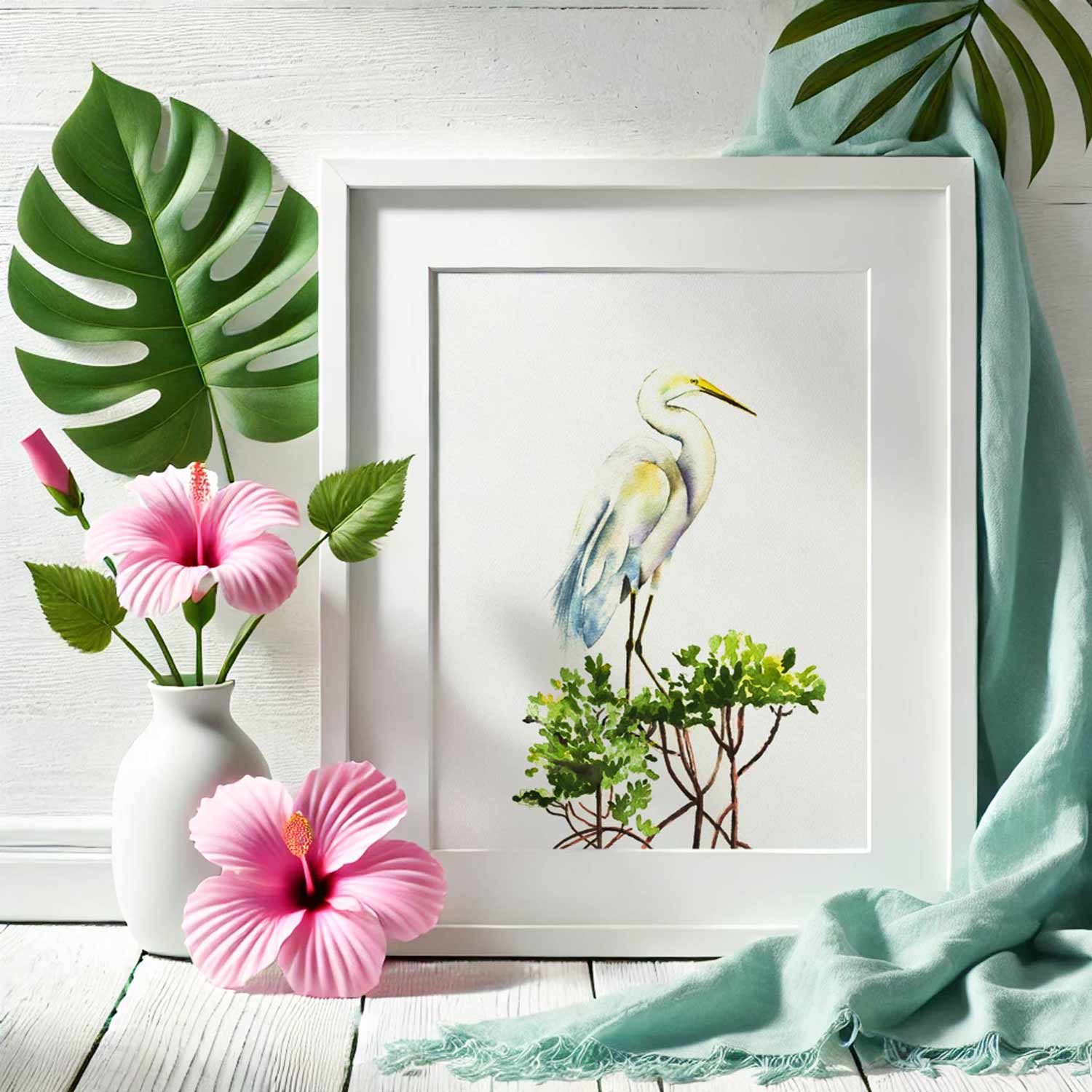 watercolor prints by Victoria Grigaliunas features a watercolor great white heron with mangroves. 