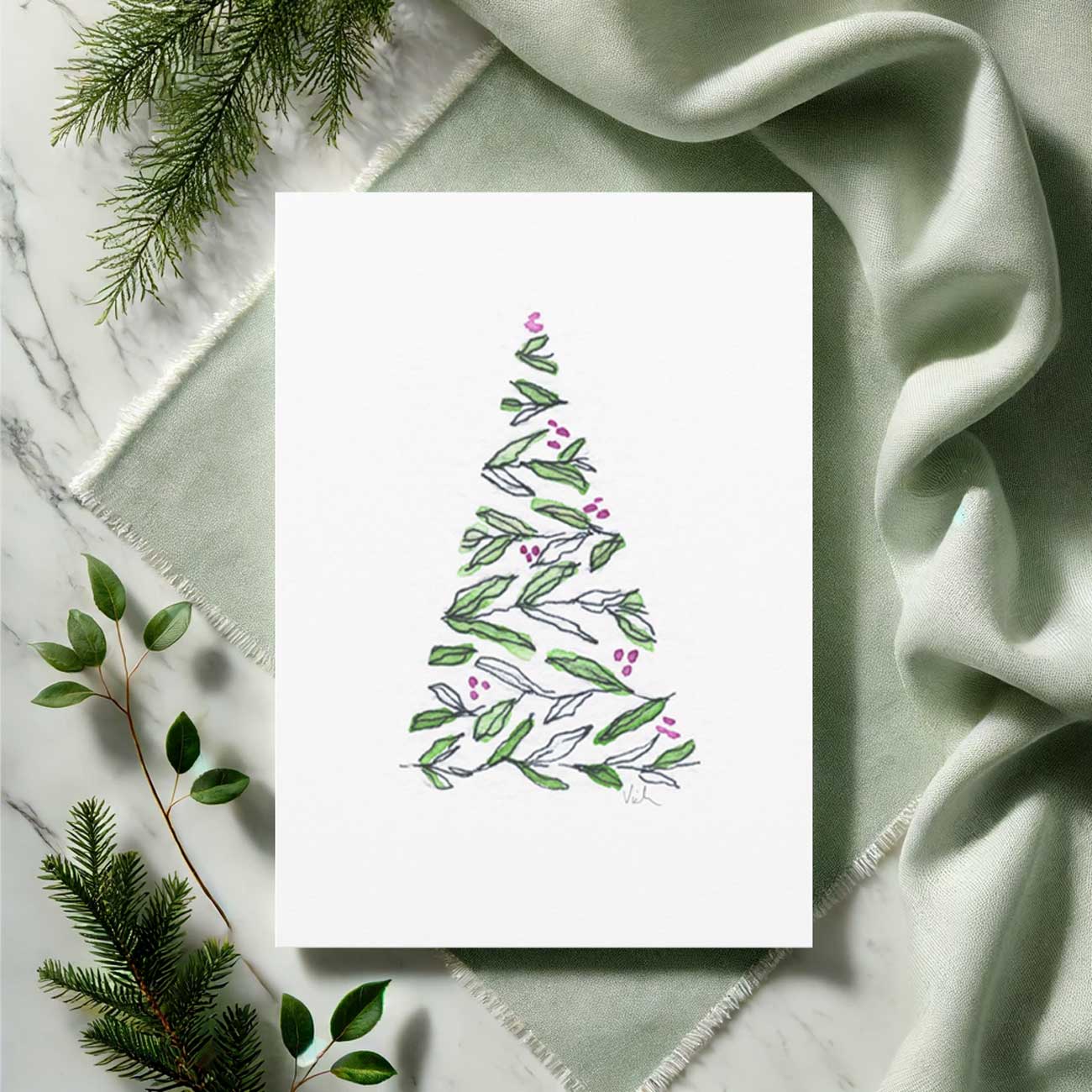 DIY watercolor Christmas cards features an ink and watercolor Christmas tree by Victoria Grigaliunas. If you would like to shop this theme click on the image. 