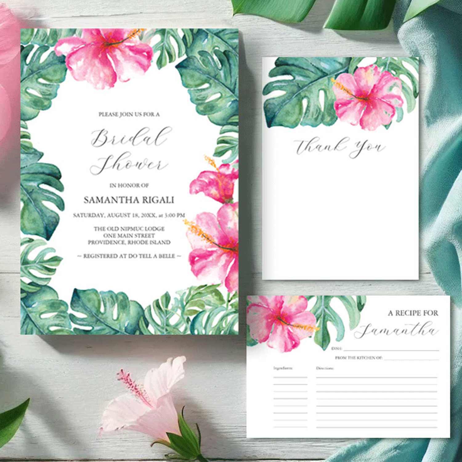 Bridal shower invitations bold pink tropical theme watercolor art by Victoria Grigaliunas of Do Tell A Belle. Click to explore more from this collection.