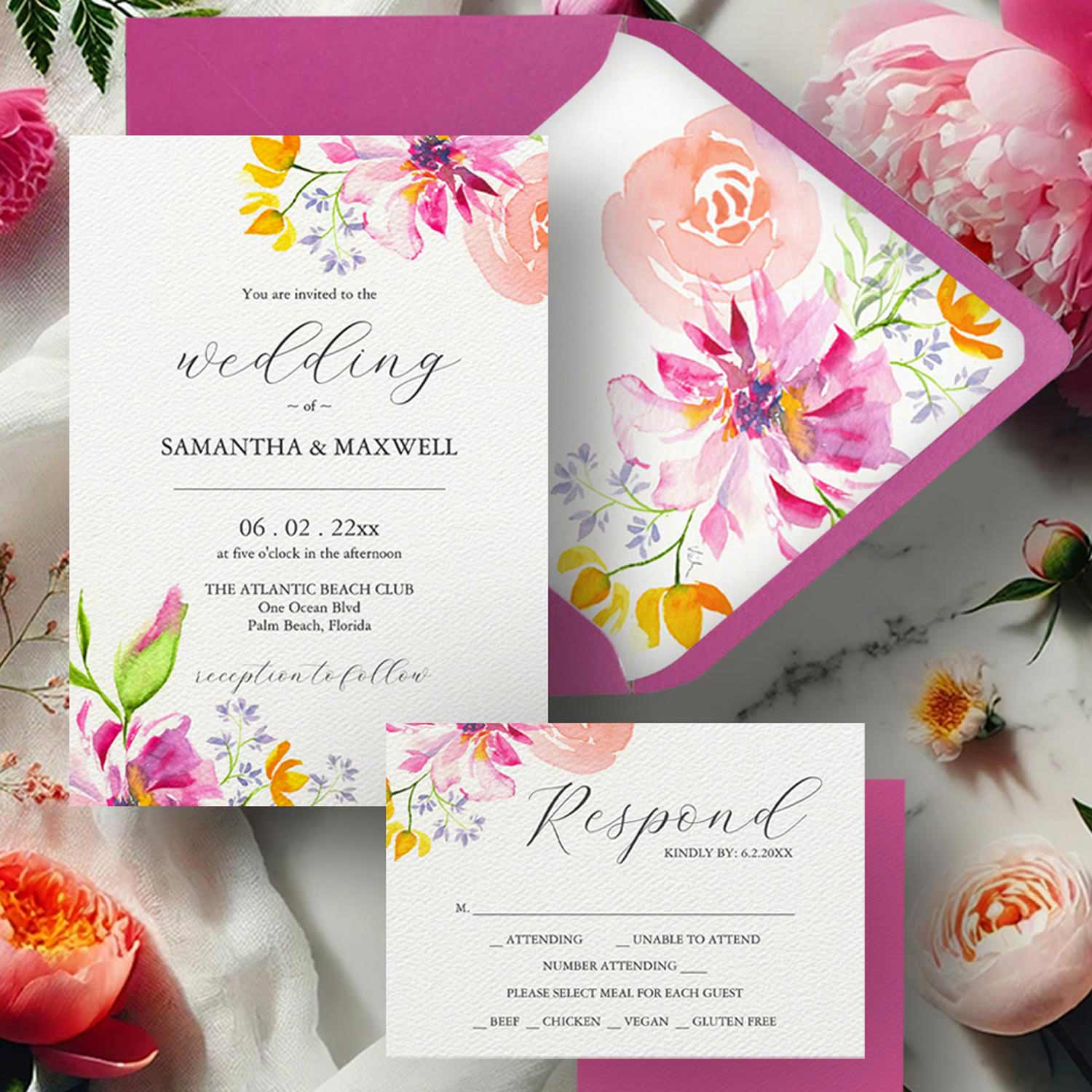 Fuchsia pink wedding invitation suite features vibrant watercolor flowers by Victoria Grigaliunas of Do Tell A Belle. Click to explore the line. 