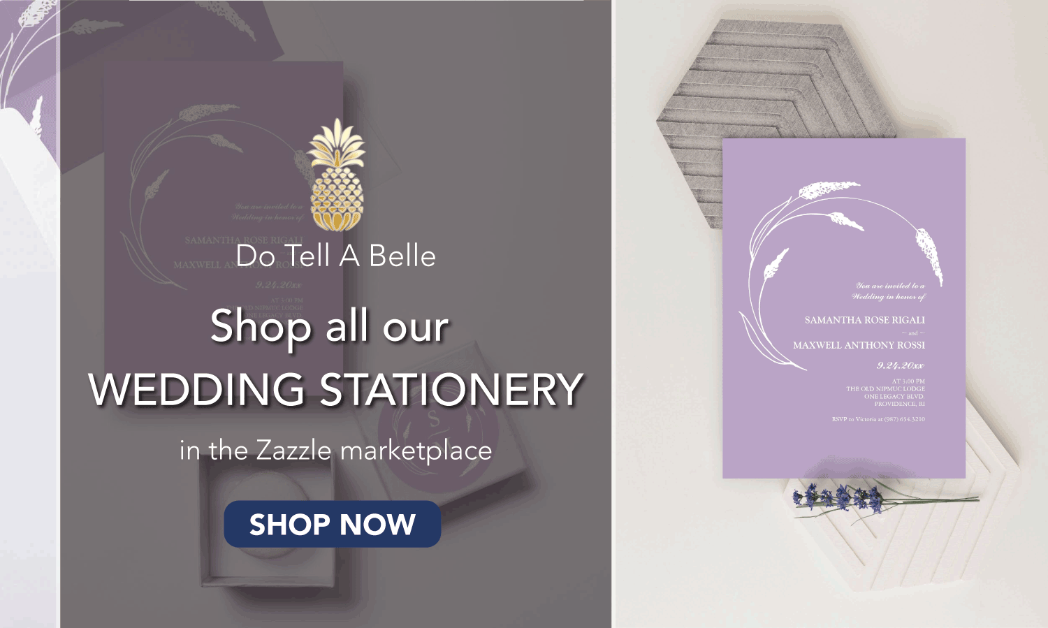 Wedding invitations and stationery suites shop by Victoria Grigaliunas of Do Tell A Belle in the Zazzle Marketplace. Displayed is the hand drawn lavender.