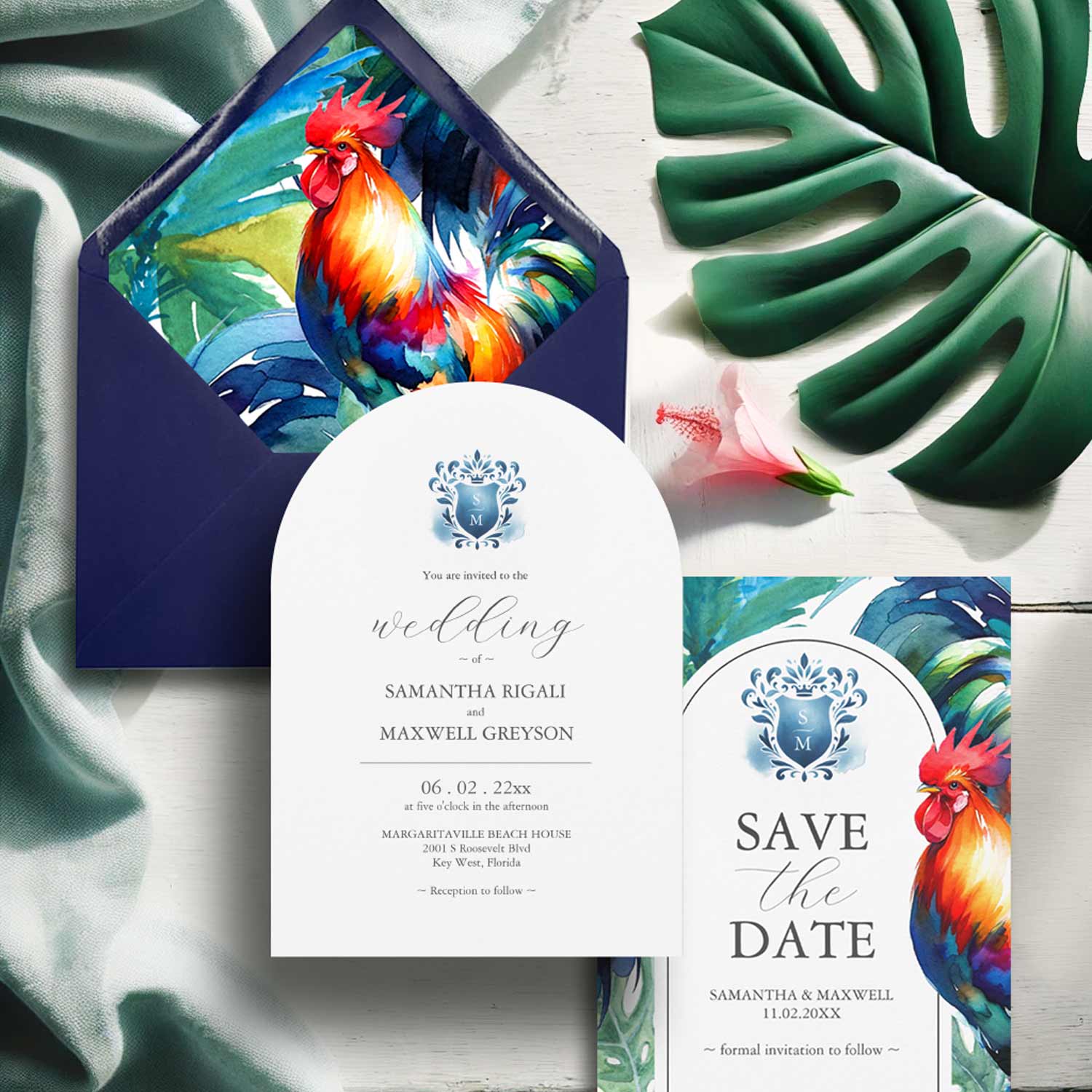 Bold wedding invitations suite tropical Key West inspired Sol The Rooster art by Victoria Grigaliunas of Do Tell A Belle. Click to shop the theme.