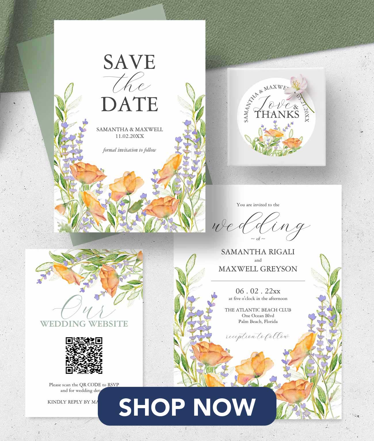 Wildflower wedding invitations suite features botanical watercolor poppy flowers in shades of orange with lavender flowers. Unique watercolor art by Victoria Grigaliunas of Do Tell A Belle