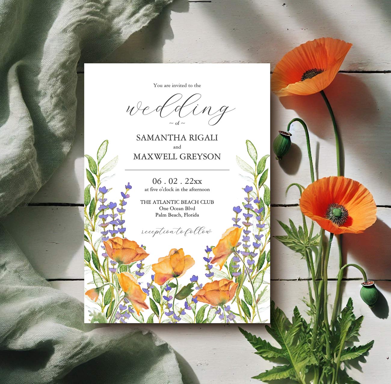 Wildflower wedding invitations theme features botanical watercolor poppy flowers in shades of orange with lavender flowers. Unique watercolor art by Victoria Grigaliunas of Do Tell A Belle