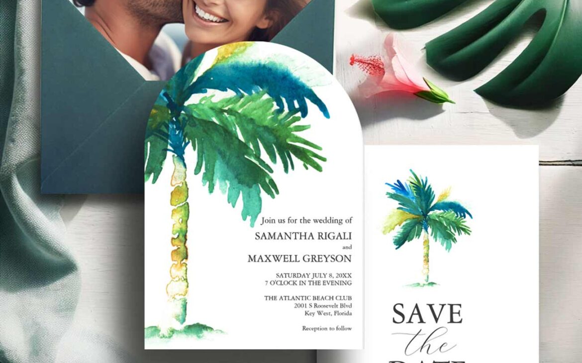 Hand-Painted Elegance: Unique Palm Tree Wedding Invitations for Your Dream Destination Wedding