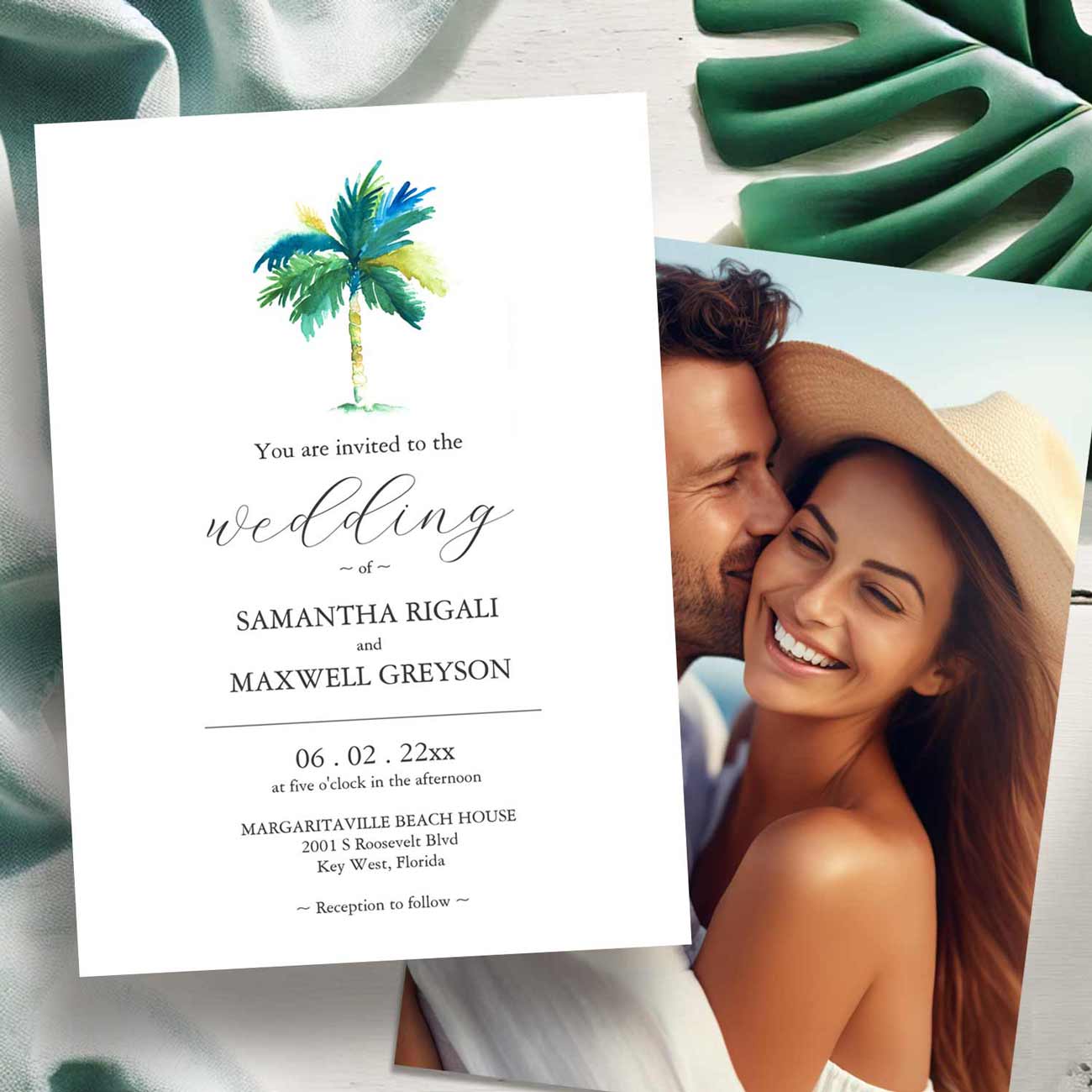 Palm tree photo wedding invitations unique watercolor art by Victoria Grigaliunas of Do Tell A Belle