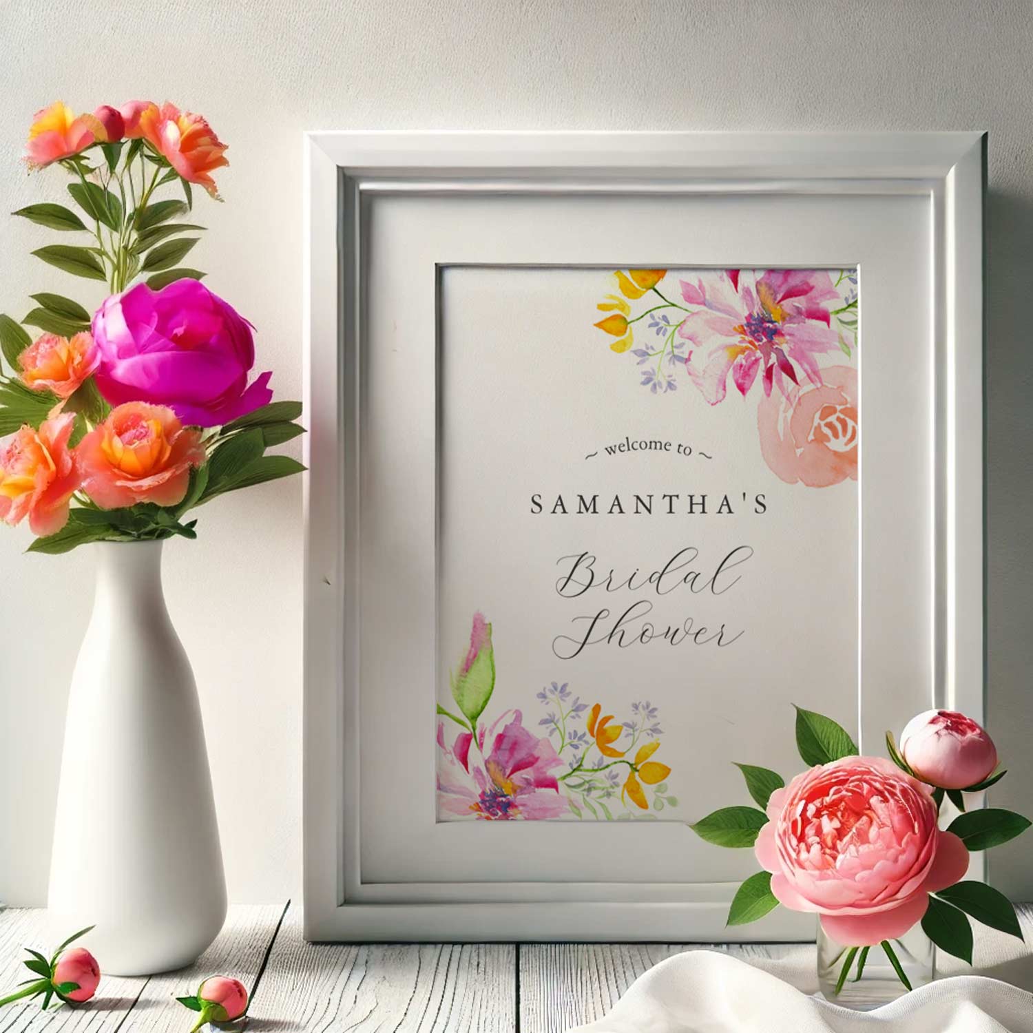 Watercolor floral bridal shower sign. Order printed or a printable file to print from home. 