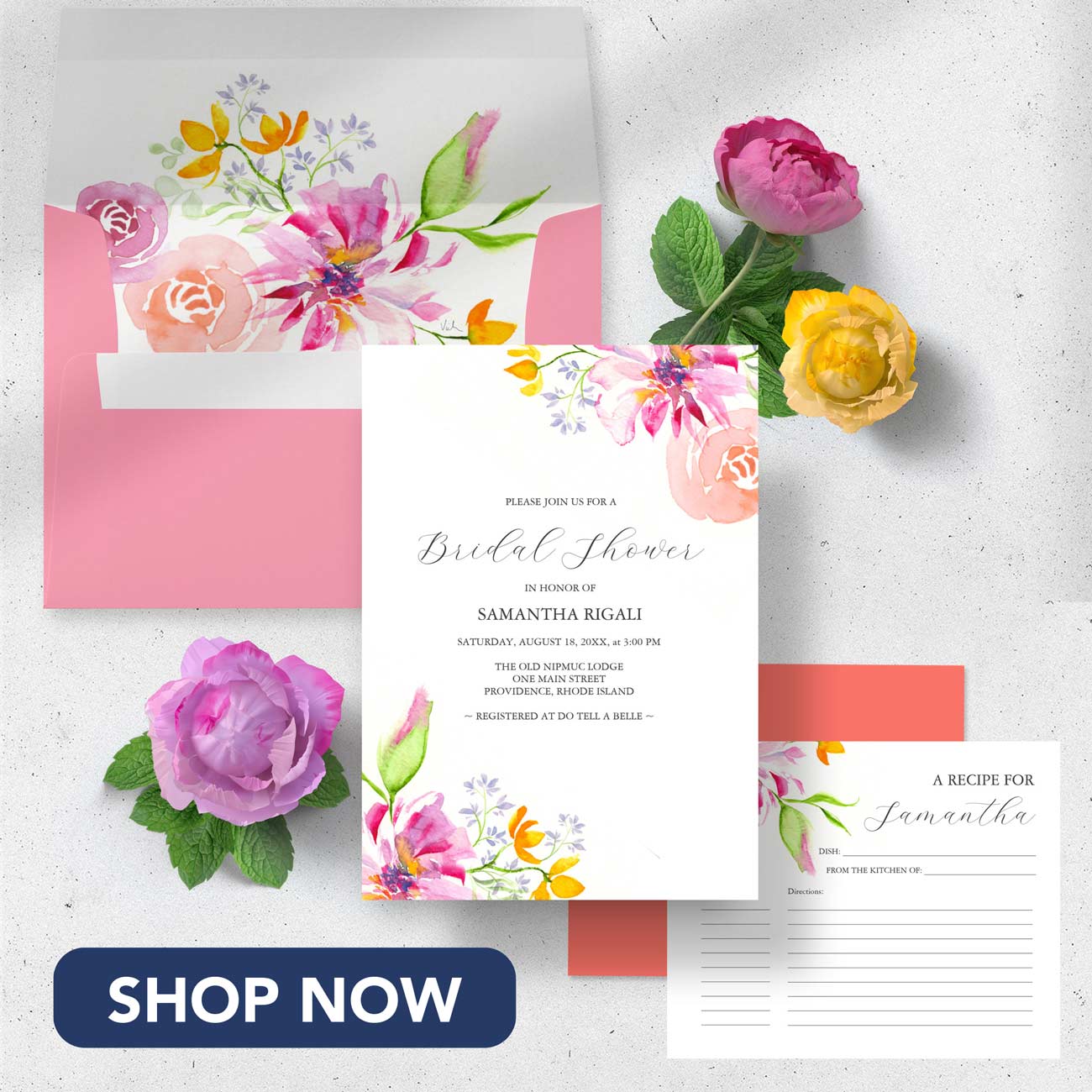 love is in bloom bridal shower invitation theme watercolor floral art by Victoria Grigaliunas of Do Tell A Belle. Click to shop.