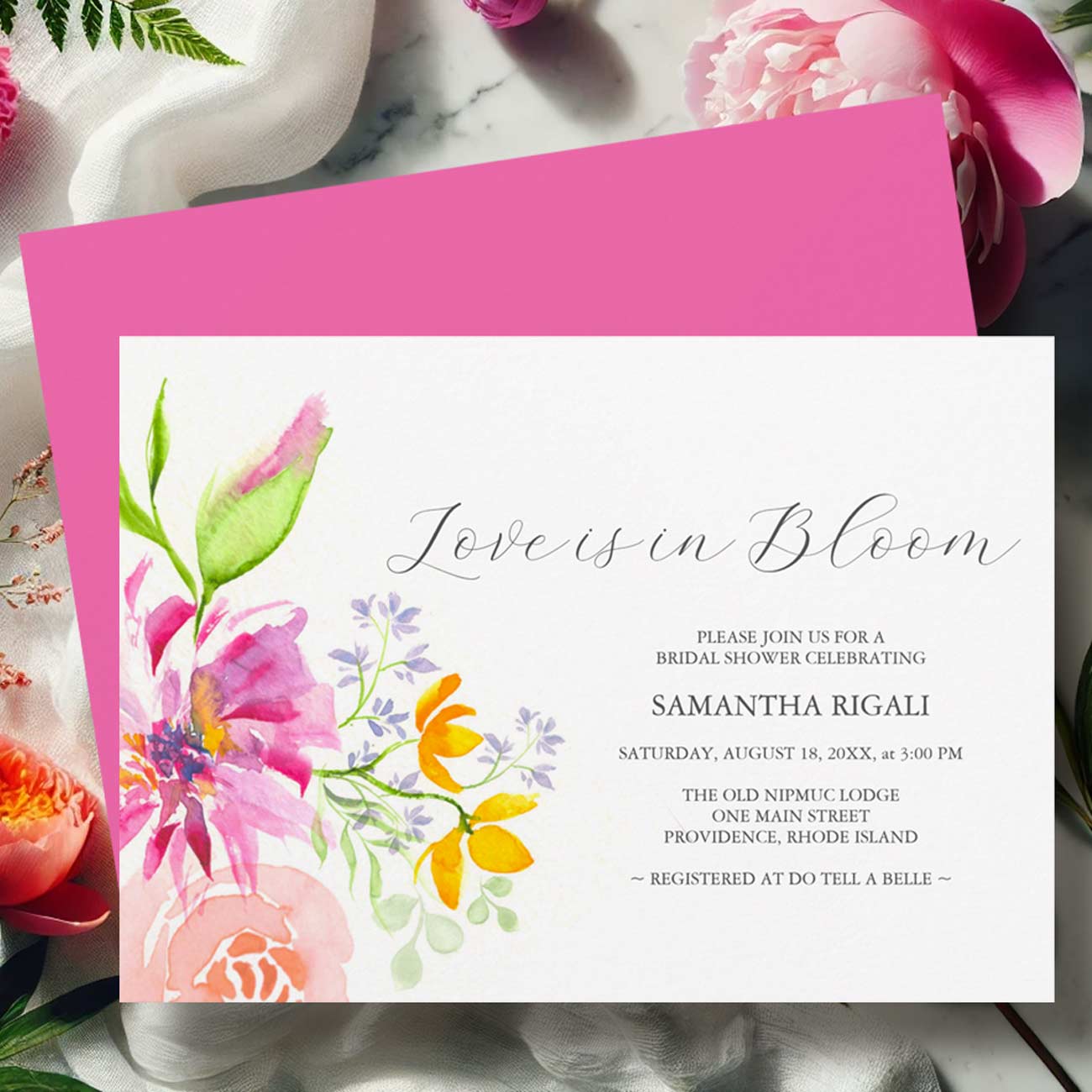 Love is in bloom bridal shower invitations watercolor pink and orange floral art by Victoria Grigaliunas of Do Tell A Belle. Click the image to shop.