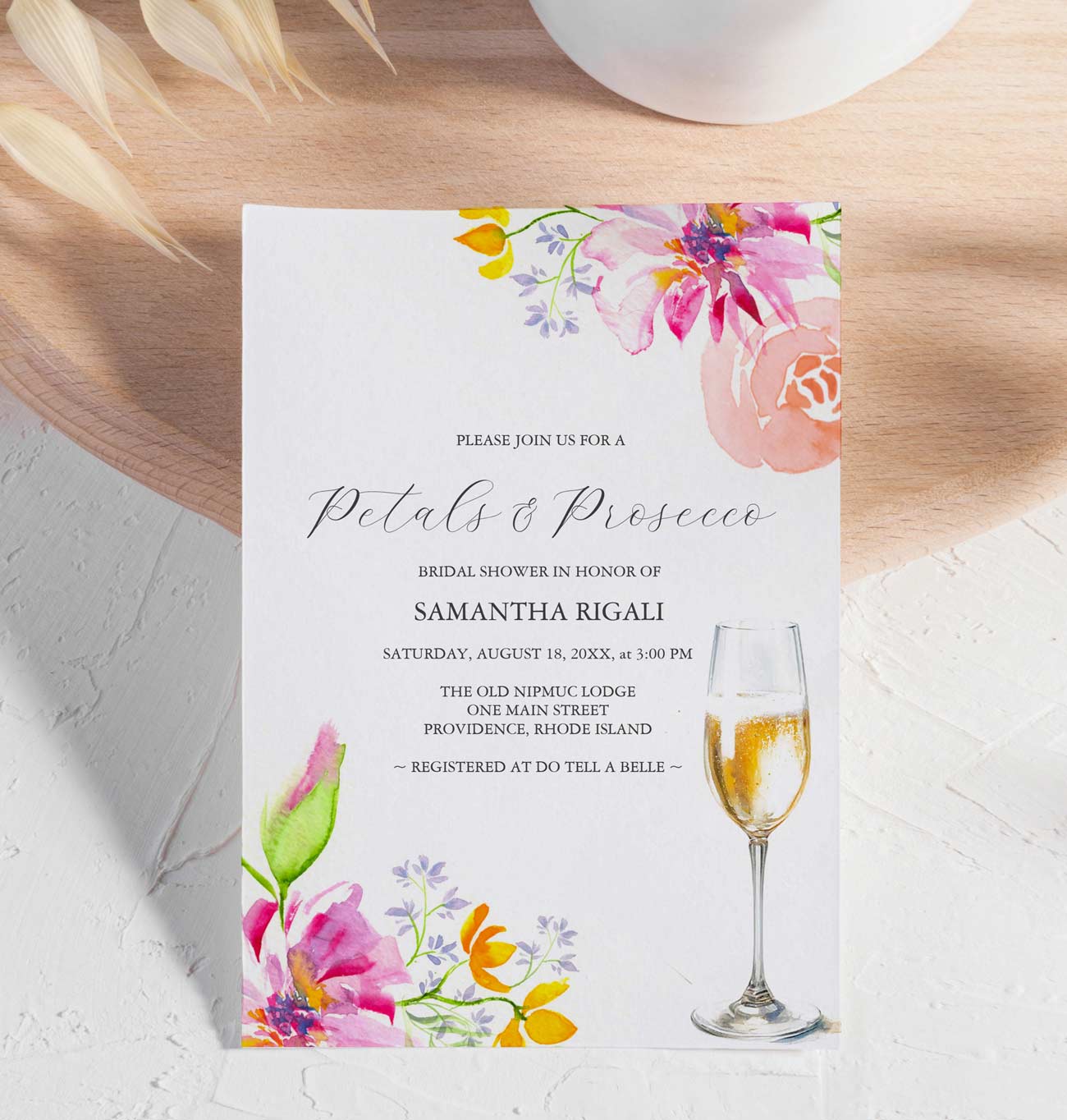 Petals and Prosecco bridal shower invitations. Original floral watercolor art by Victoria Grigaliunas of Do Tell A Belle. Click to shop the invitation.